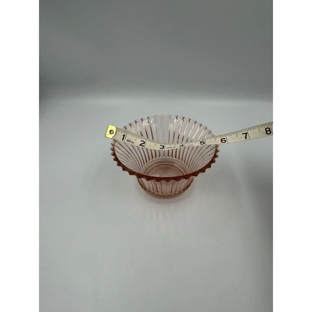 Pink Pressed Glass Ribbed Round Bowl Scalloped Rim 6 in Diameter